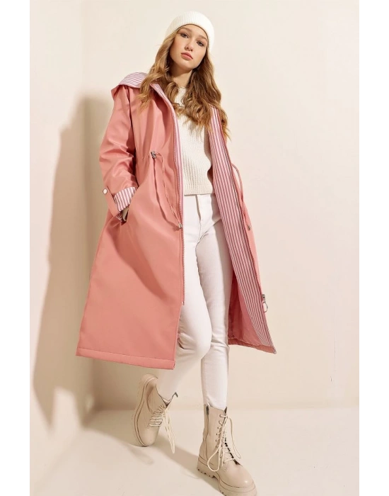 9091 Beli Büzgülü Kapşonlu Trençkot  Pembe