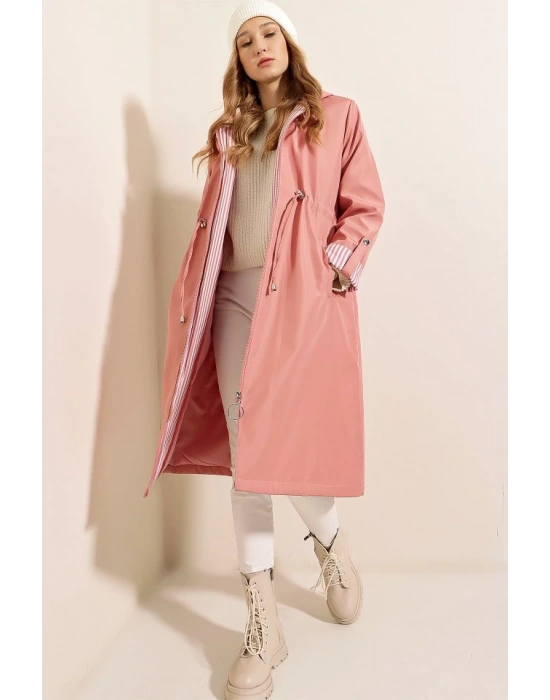 9091 Beli Büzgülü Kapşonlu Trençkot  Pembe