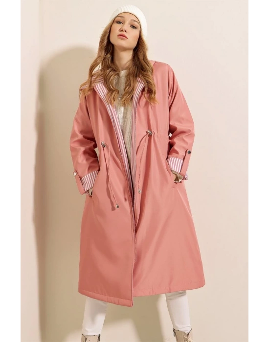 9091 Beli Büzgülü Kapşonlu Trençkot  Pembe