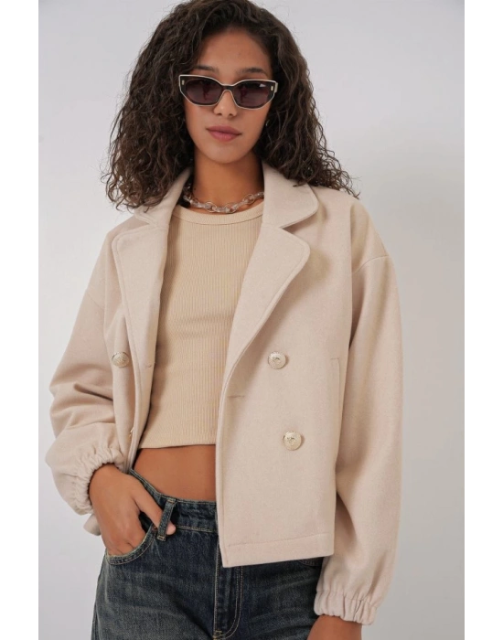 9117 Kruvaze Yaka Crop Ceket  Bej