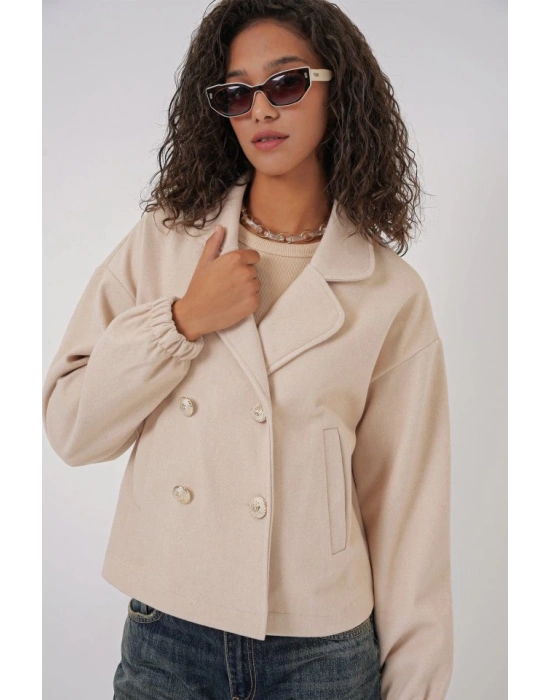 9117 Kruvaze Yaka Crop Ceket  Bej