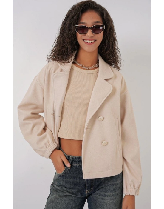 9117 Kruvaze Yaka Crop Ceket  Bej