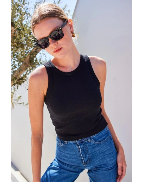 917 Bisiklet Yaka Fitilli Kolsuz Bluz  Siyah