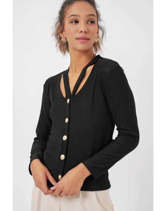 924 Düğmeli Basic Triko Hırka  Siyah