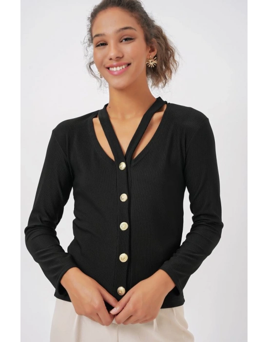 924 Düğmeli Basic Triko Hırka  Siyah