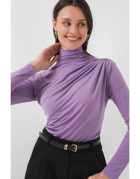 925 Büzgü Detaylı Sandy Bluz  Lila