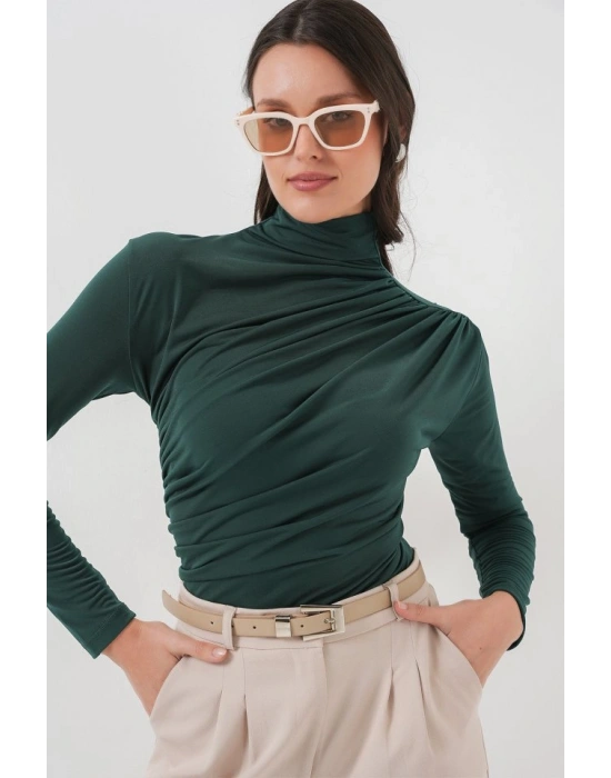 925 Büzgü Detaylı Sandy Bluz  Zümrüt Yeşili
