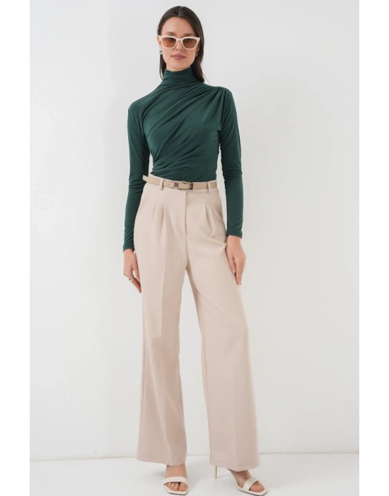 925 Büzgü Detaylı Sandy Bluz  Zümrüt Yeşili