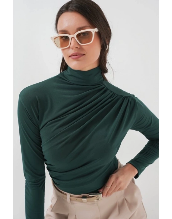 925 Büzgü Detaylı Sandy Bluz  Zümrüt Yeşili