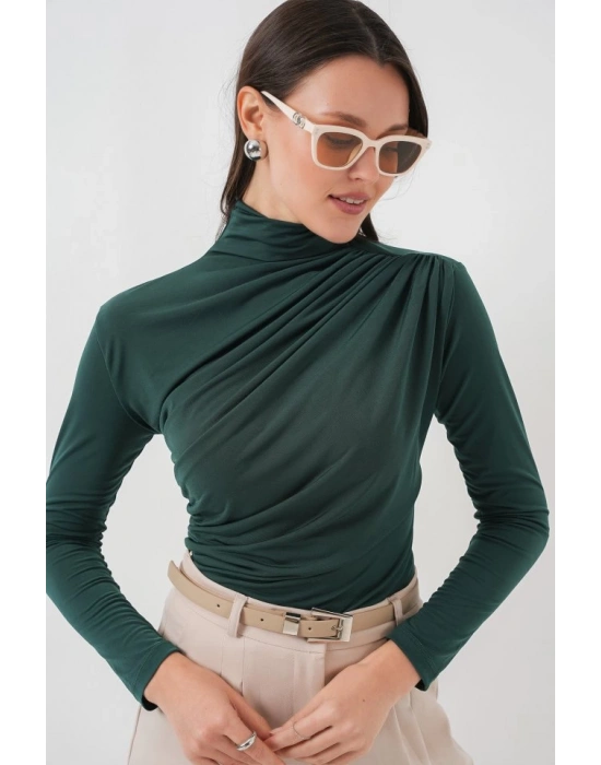 925 Büzgü Detaylı Sandy Bluz  Zümrüt Yeşili