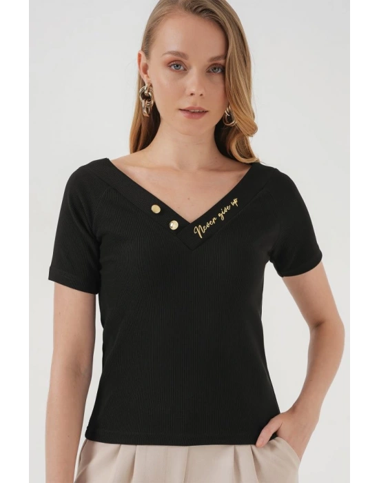 928 Kısa Kol V Yaka Bluz  Siyah