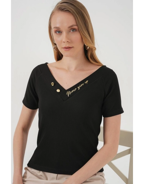 928 Kısa Kol V Yaka Bluz  Siyah