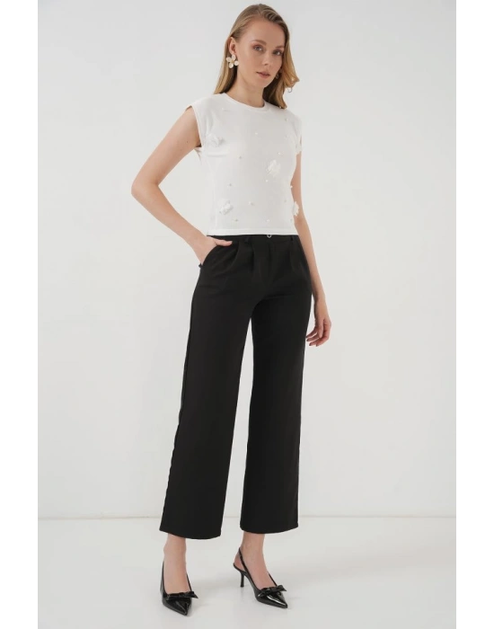 929 Kısa Kol Örme Bluz  Beyaz