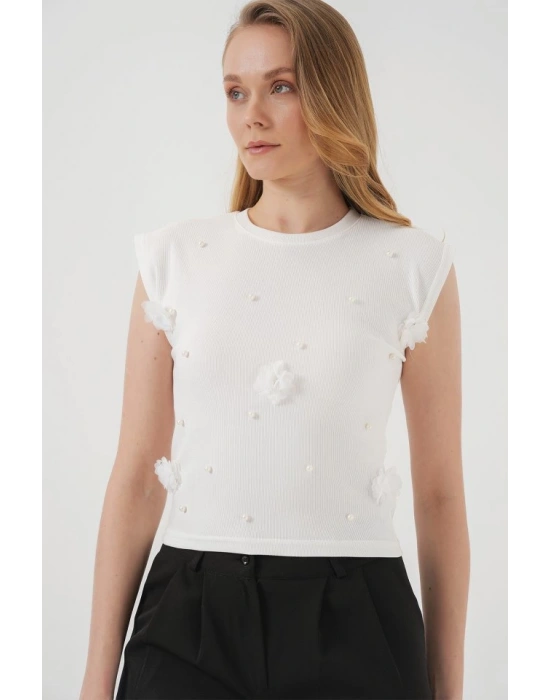 929 Kısa Kol Örme Bluz  Beyaz