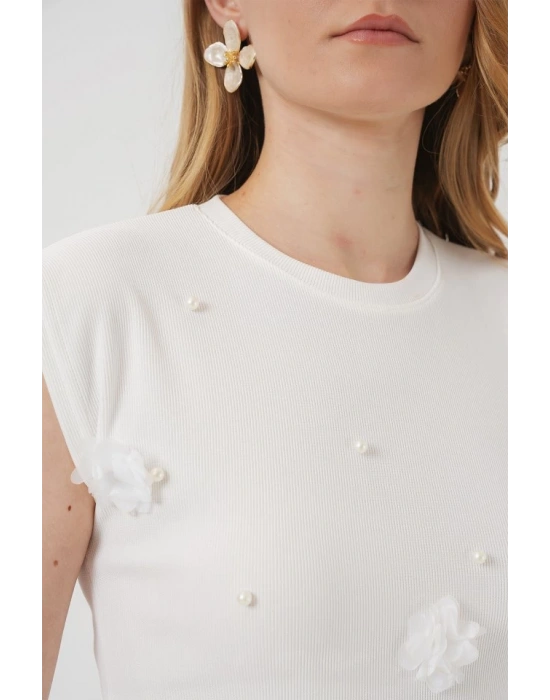 929 Kısa Kol Örme Bluz  Beyaz