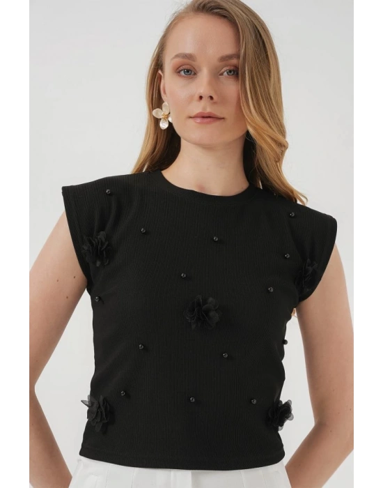 929 Kısa Kol Örme Bluz  Siyah