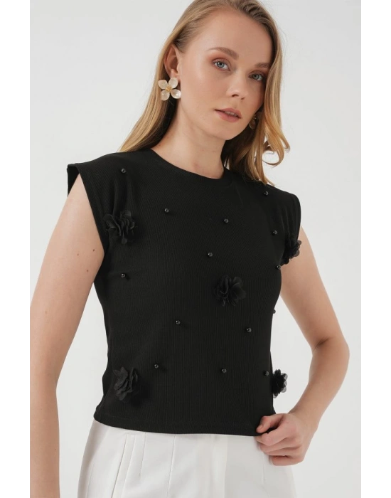 929 Kısa Kol Örme Bluz  Siyah