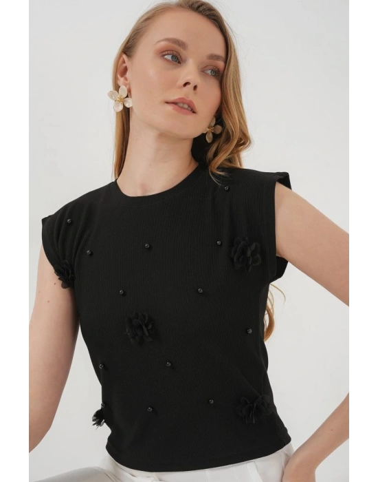 929 Kısa Kol Örme Bluz  Siyah