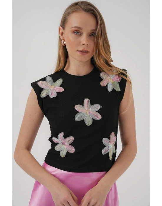 930 Kısa Kol Desenli Crop Bluz  Siyah