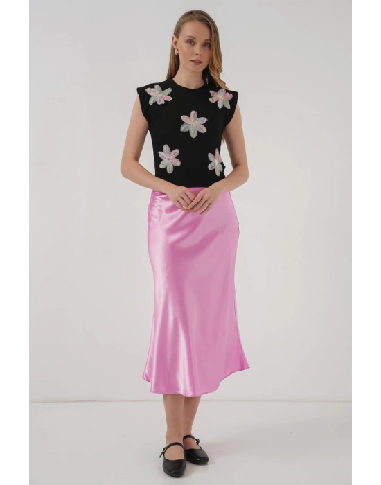 930 Kısa Kol Desenli Crop Bluz  Siyah