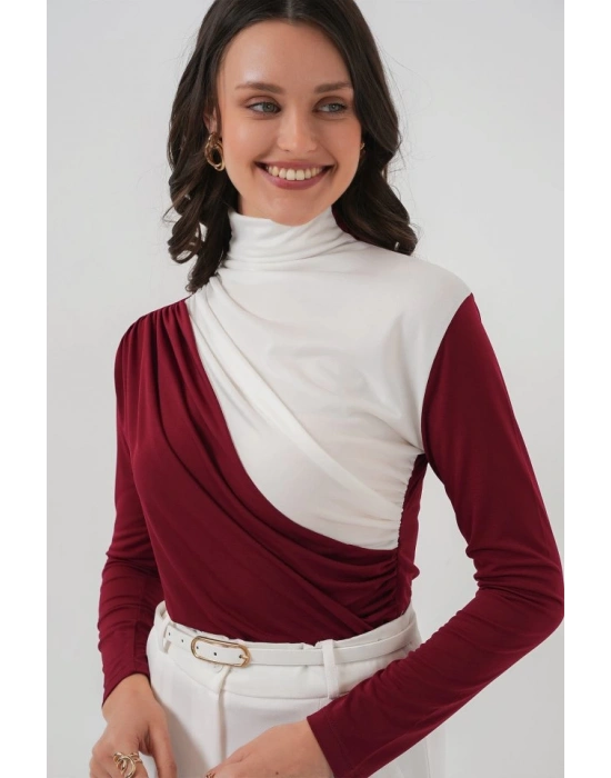 940 Büzgü Detaylı Sandy Bluz  Bordo