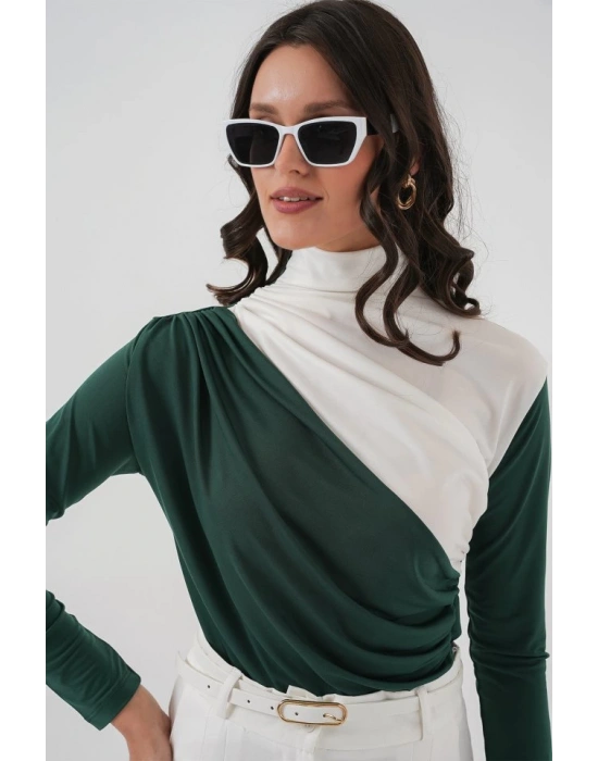 940 Büzgü Detaylı Sandy Bluz  Zümrüt Yeşili