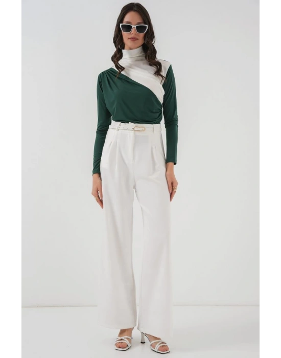 940 Büzgü Detaylı Sandy Bluz  Zümrüt Yeşili