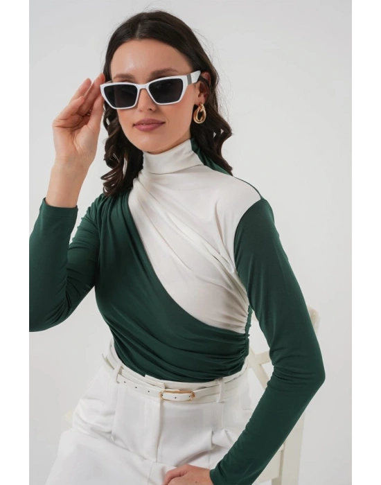 940 Büzgü Detaylı Sandy Bluz  Zümrüt Yeşili