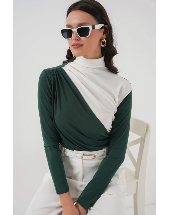 940 Büzgü Detaylı Sandy Bluz  Zümrüt Yeşili