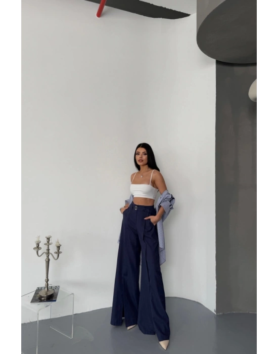 ALAŞ ÖNDEN YIRTAÇ DETAYLI BEL KEERLİ PANTOLON  Lacivert