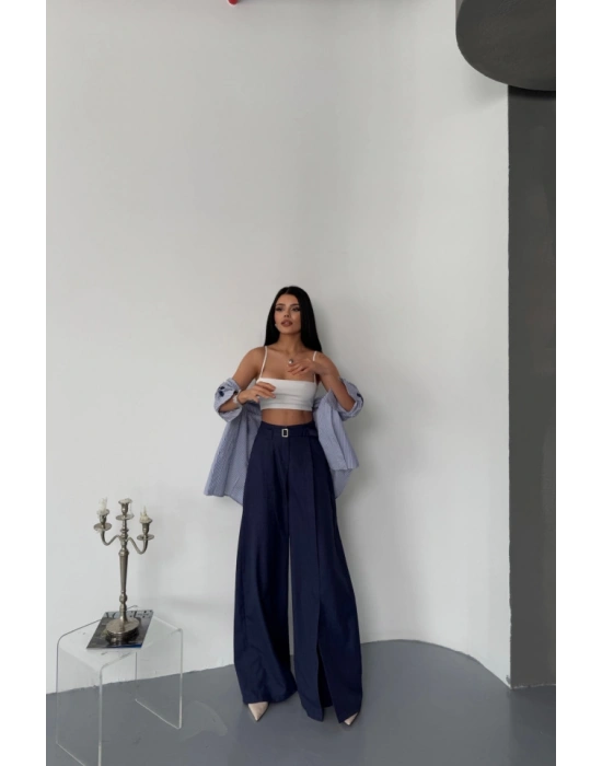 ALAŞ ÖNDEN YIRTAÇ DETAYLI BEL KEERLİ PANTOLON  Lacivert