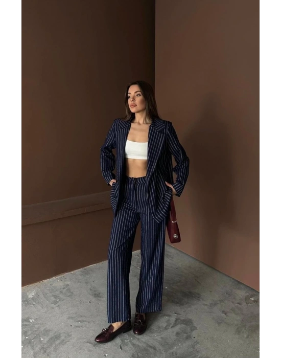 acivert Çizgili Ceket Ve Pantolon Takım