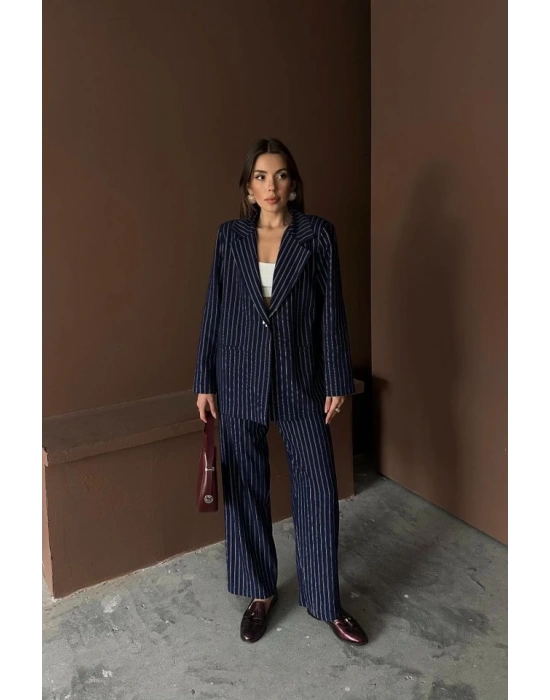 acivert Çizgili Ceket Ve Pantolon Takım