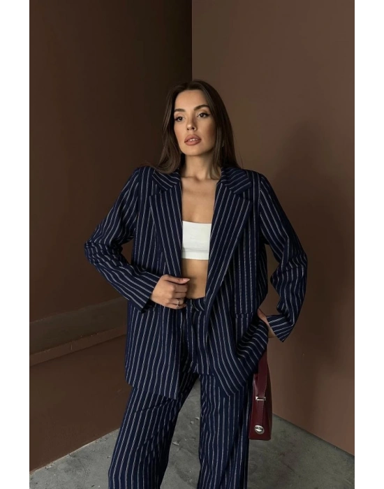 acivert Çizgili Ceket Ve Pantolon Takım