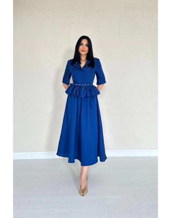 Lacivert İnce Kemerli Fırfırlı Ceket Ve Büzgülü Etek Takım