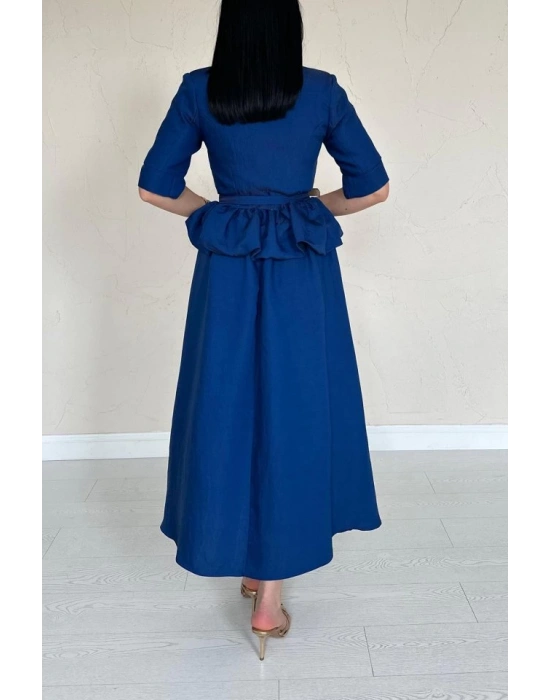 Lacivert İnce Kemerli Fırfırlı Ceket Ve Büzgülü Etek Takım