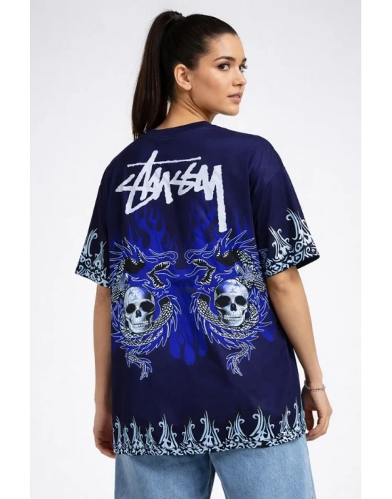 acivert Oversize Tişört Dragon  Kuru Kafa Baskılı Bisiklet Yaka Thirt  acivert