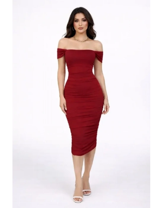 adonna Yaka Drapeli idi Elbise ikralı Vücuda Oturan Davet Elbisesi  Bordo