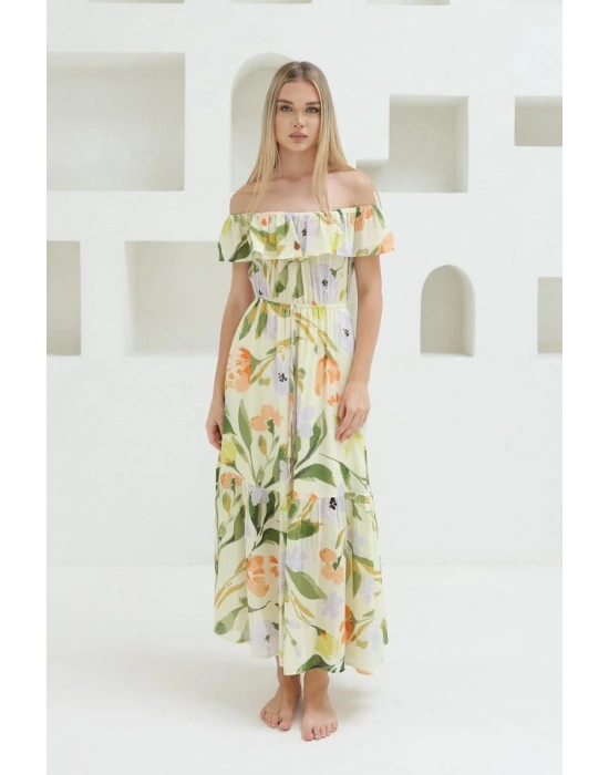 adonna Yaka Elbise  Yeşil  Ekru