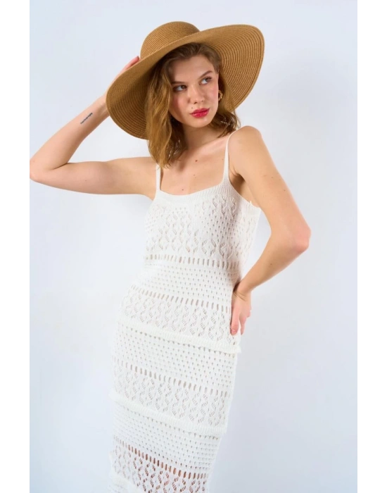 Ajurlu Astarlı Elbise  Ekru