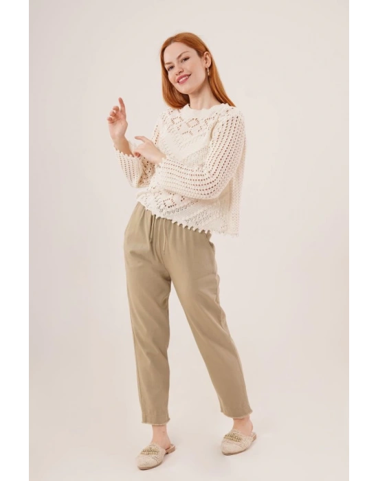 Ajurlu Delikli Model Mevsimlik Krem Kazak