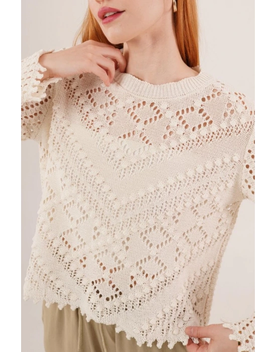 Ajurlu Delikli Model Mevsimlik Krem Kazak