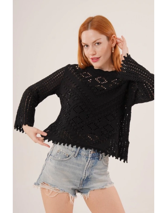 Ajurlu Delikli Model Mevsimlik Siyah Kazak