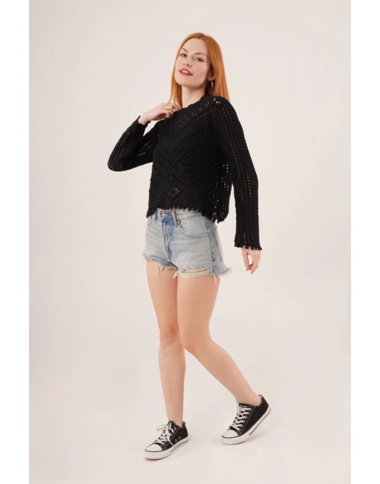 Ajurlu Delikli Model Mevsimlik Siyah Kazak