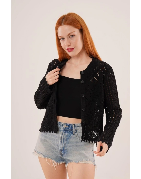 Ajurlu Düğmeli Siyah Hırka