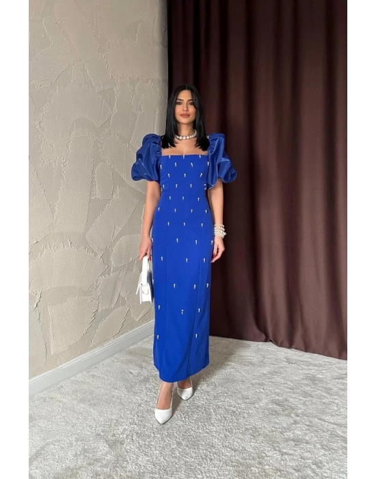 aks İşlemeli Kolu Garnili Elbise