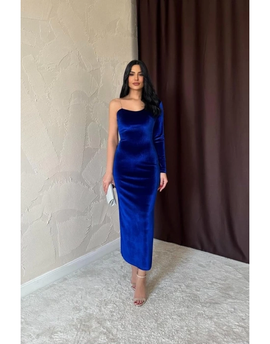 Saks Tek Omuzlu Taş Askılı Elbise