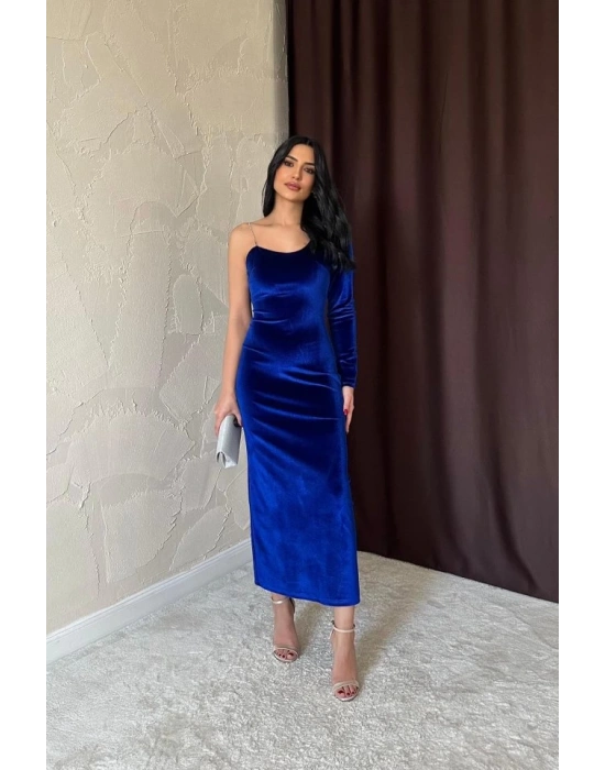 Saks Tek Omuzlu Taş Askılı Elbise
