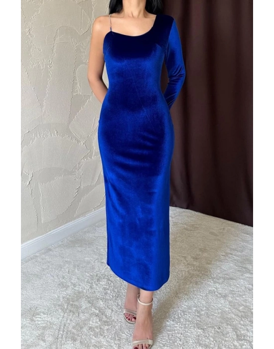 Saks Tek Omuzlu Taş Askılı Elbise