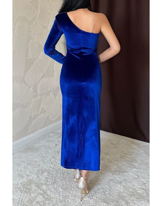 Saks Tek Omuzlu Taş Askılı Elbise